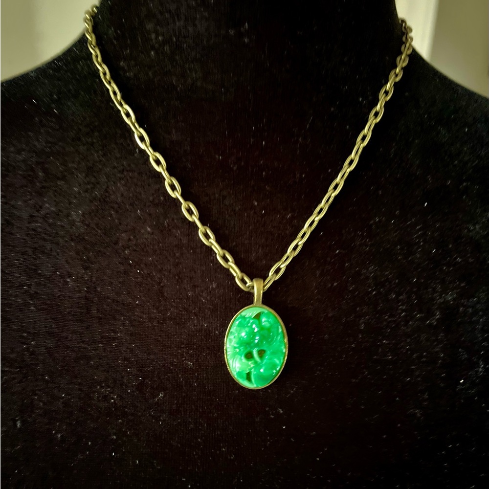 Vintage 70s Jade Green Resin Hong Kong Cameo Necklace Brass Setting